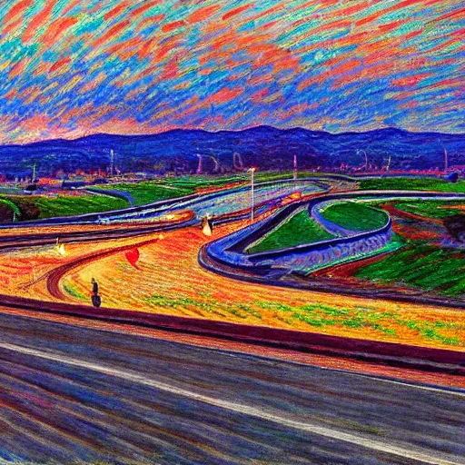 Image similar to A beautiful drawing. We are racers on an endless highway, driving at each other at high speeds, deciding whether or not to turn away at the last minute. by Armand Guillaumin ultradetailed, placid