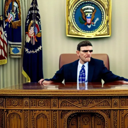 Image similar to a photograph of the unabomber wearing a suit in the oval office