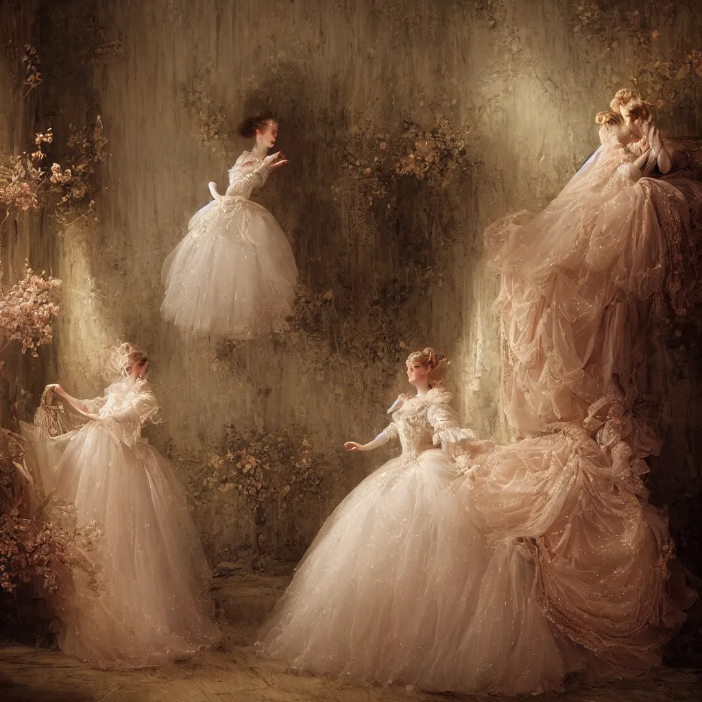 Image similar to cinderella, palace dance, victorian era, dreamy, romantic, night lighting, highly detailed, fashion editorial by jean - honore fragonard, 8 k