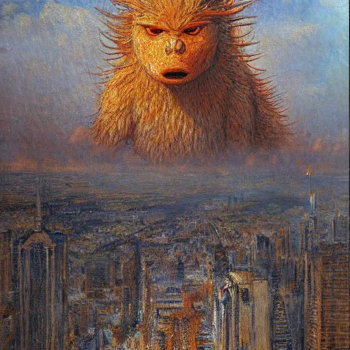 Image similar to monumental hyperrealism, post - impressionism by gaston bussiere. a beautiful drawing of a large, orange monster looming over a cityscape. the monster has several eyes & mouths, & its body is covered in spikes. it seems to be coming towards the viewer, who is looking up at it in fear.