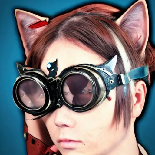 Image similar to cat person with steampunk goggles on forehead, style of hajime isayama