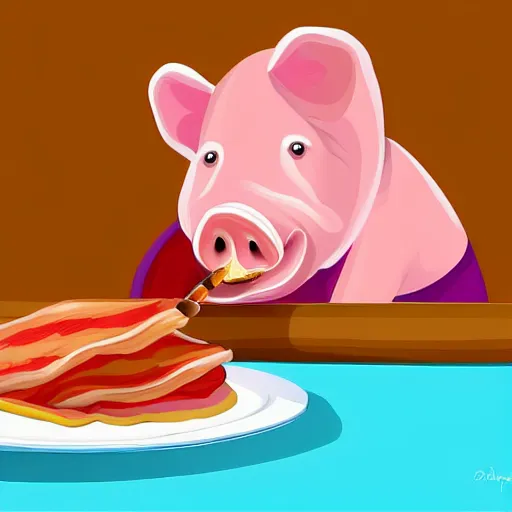 Image similar to a realistic pig eating a rasher of bacon. detailed, digital painting, cartoon style,