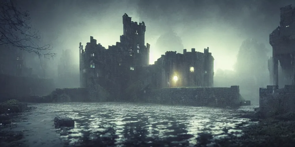 Image similar to beautiful render of abandoned caastle, by lee madgwick and hubert robert, puddles of water, blade runner style, neon glow, vivid color, moody lighting, unreal engine, foggy