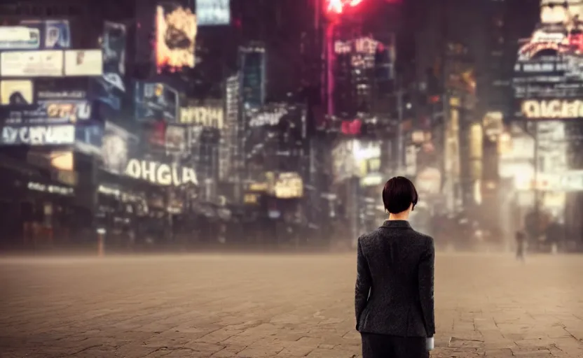 Image similar to a wide shot of a woman with a wool suit, very short hair, blurred face, wearing an omega speedmaster on her wrist in front of a crowded dystopian city full of people walking at night with fog and cyberpunk lights