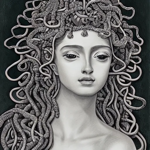 Image similar to detailed, portrait of medusa, beautiful, pretty girl, surrounded by lotus flowers and geometry