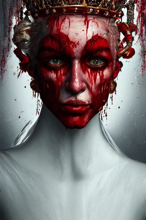 Image similar to Fantasy character portrait of distorted detailed painting of a queen woman made of blood drips, octane render, hyper detailed, red flames, trending on Artstation, 8k resolution, full HD, cinematic lighting, award winning, anatomically correct