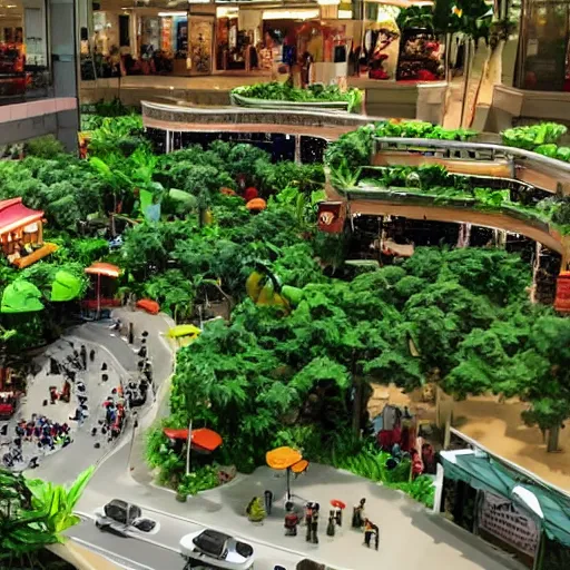 Image similar to A diorama of a shopping center in the middle of the Jungle