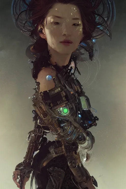 Image similar to A full portrait of a powerful beautiful futuristic dystopian junktown Japanese techromancer sorcerer enchanter, intricate, elegant, highly detailed, digital painting, artstation, concept art, smooth, sharp focus, illustration, art by Krenz Cushart and Artem Demura and alphonse mucha