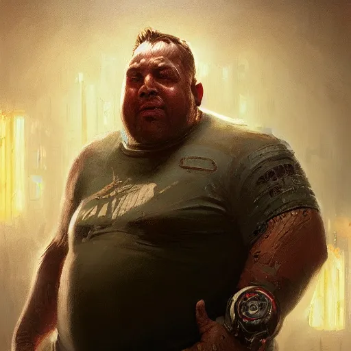 Image similar to portrait of an overweight cyborg barkeeper, ratz, neuromancer, bar background, painted by greg rutkowski, painted by igor kieryluk, high detail, dramatic light, digital art, trending on artstation