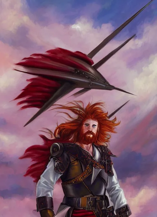 Prompt: epic fantasy portrait painting of a long haired, red headed male sky - pirate in front of an airship in the style of the gundam