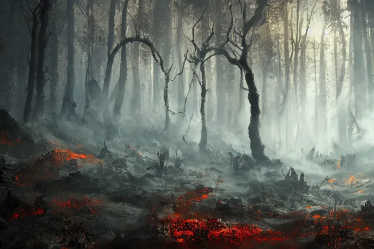 Prompt: a beautiful yet scary forest below etna, hyper detailed, orange red blue tones dramatic lighting, cgsociety, realistic, hyper detailed, insane details, intricate, dramatic lighting, hypermaximalist, golden ratio, rule of thirds, octane render, weta digital, micro details, ultra wide angle, artstation trending, 8 k,