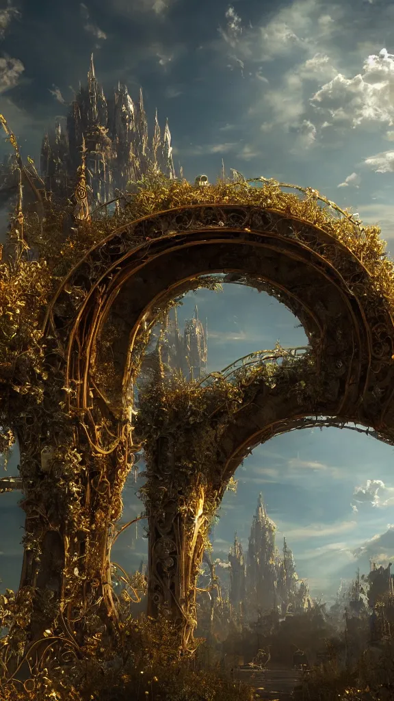 Prompt: overgrown ruined metal archway into a magical cloud city, beautiful, intricate, detailed, golden light, 3 d animated movie frame, 8 k