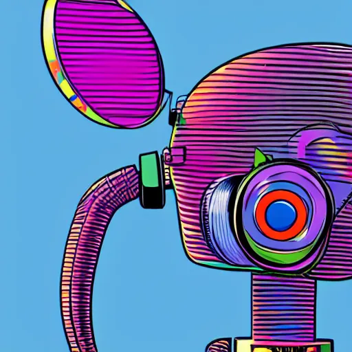 Prompt: a closeup of a elephant robot with headphones and sunglasses in retro colors, synthwave style, 2 d digital vector art