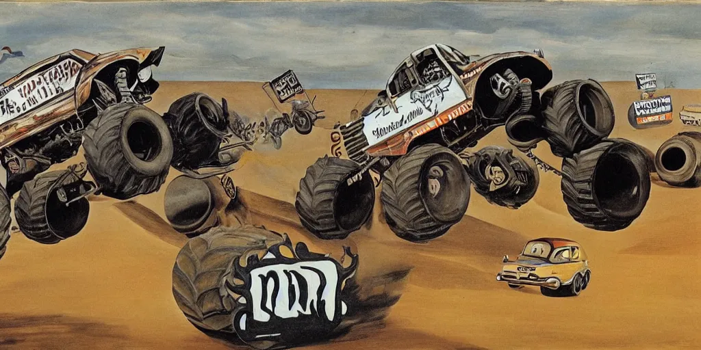 Prompt: monster truck rally, Salvador Dalí