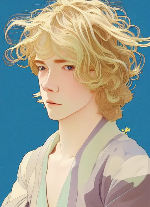 Image similar to pretty young man with shoulder length blond hair, male, half body shot, path traced, highly detailed, high quality, digital painting, by studio ghibli and alphonse mucha, leesha hannigan, hidari, art nouveau, chiho aoshima, posuka demizu