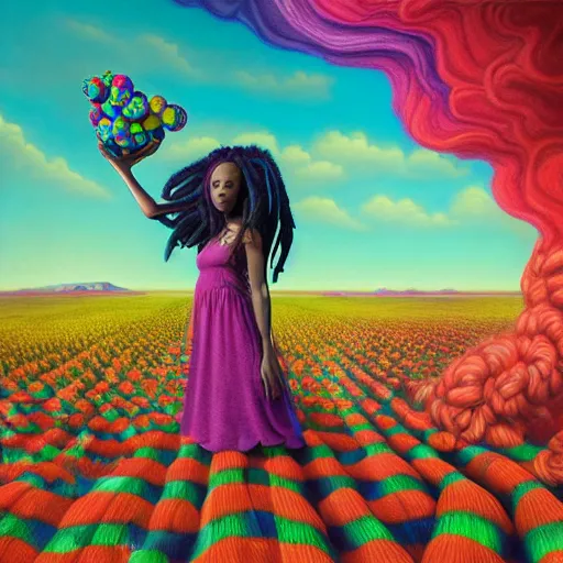 Image similar to a wide angle shot of a black girl with colorful dreadlocks in a field of candy, by Adi granov and afarin sajedi and amanda sage and evgeni gordiets and Agostino Arrivabene and adonna khare in a psychedelic portrait style, ultrarealistic matte painting, volumetric lighting, fractal, extremely symmetrical, highly detailed face, orisha, 8k, hd