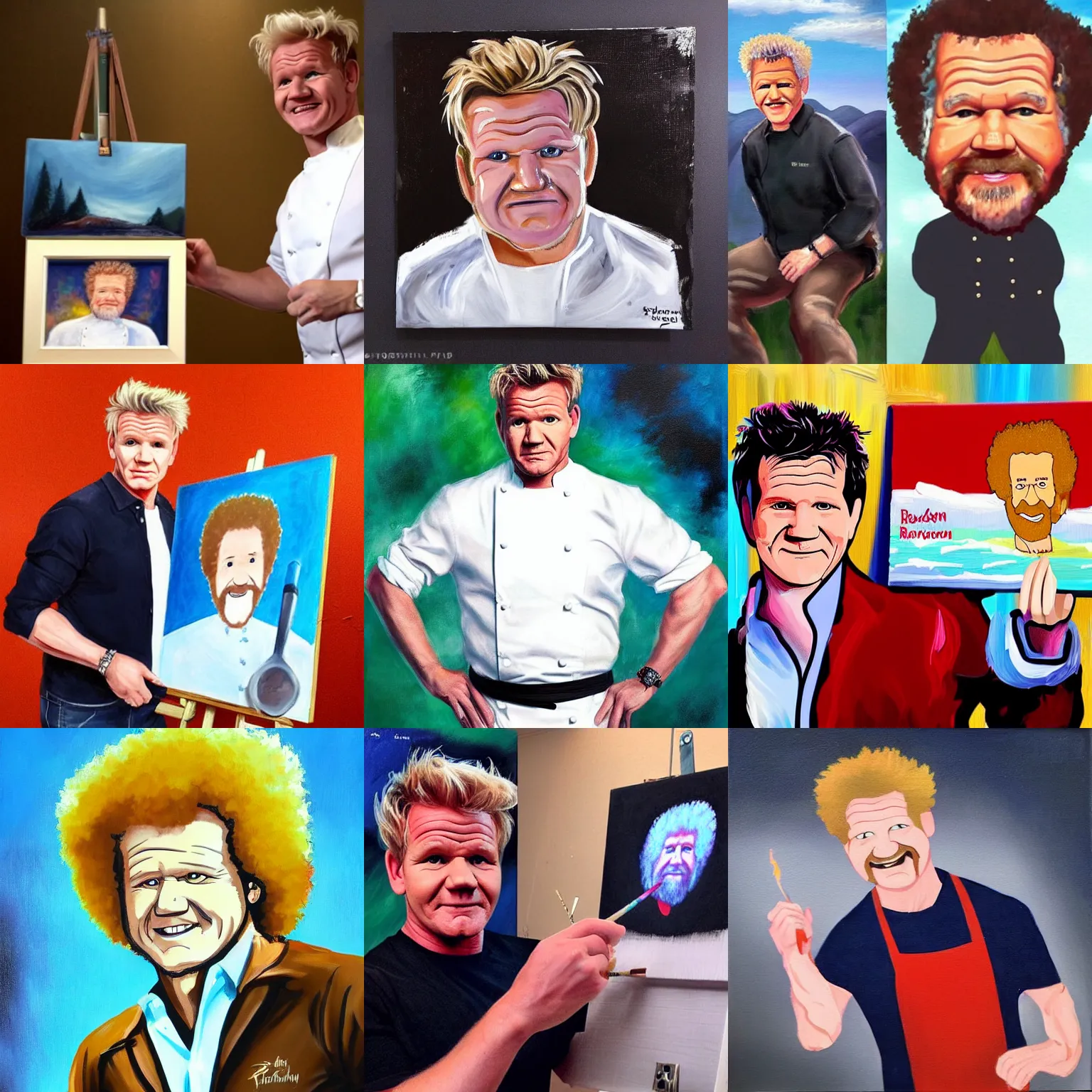 Prompt: gordon ramsay depicted as bob ross, painting