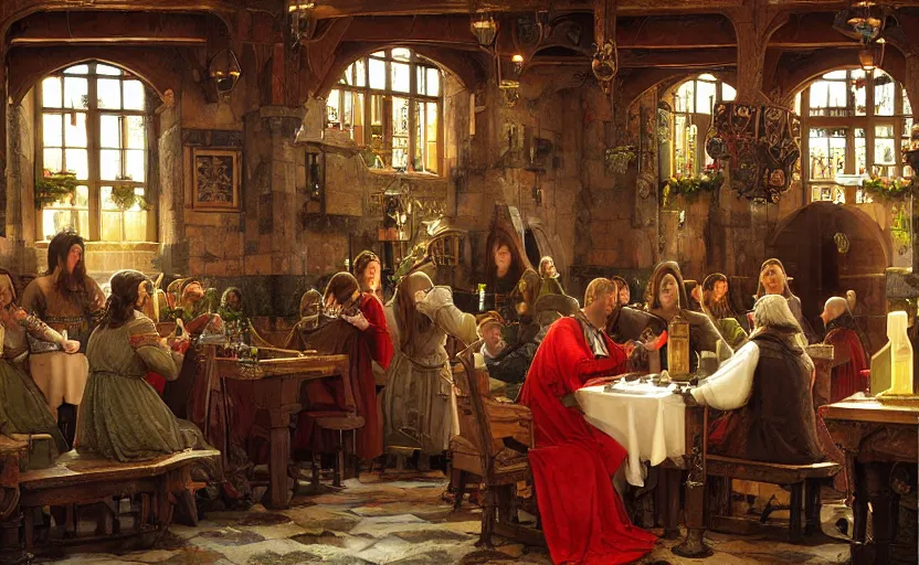 Image similar to A lively medieval fantasy pub by Hubert Robert, Edmund Blair Leighton and John Melhuish Strudwick, realistic artstyle, merry making, comfy, cozy, warm, intricate detail, concept art, artstation, cgsociety,