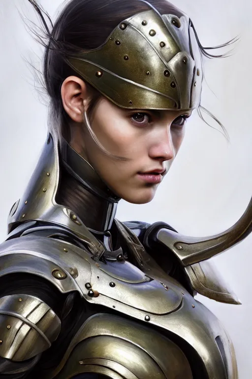 Prompt: a photorealistic painting of an attractive young girl, partially clothed in metal-plated battle armor, olive skin, long dark hair, beautiful bone structure, symmetrical face, perfect eyes, intricate, elegant, digital painting, concept art, illustration, sharp focus, minimal artifacts, from Metal Gear, in the style of Ruan Jia and Mandy Jurgens and Greg Rutkowski, trending on Artstation, award winning
