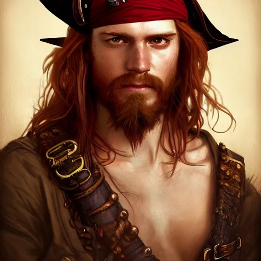 Image similar to portrait of a young rugged pirate, male, masculine, upper body, red hair, long hair, d & d, fantasy, intricate, elegant, highly detailed, steampunk, airship, digital painting, artstation, concept art, matte, sharp focus, illustration, art by artgerm and greg rutkowski and alphonse mucha