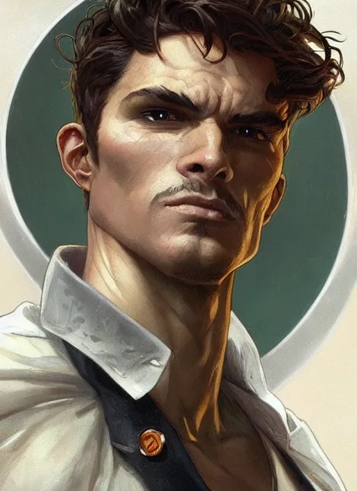 Prompt: a handsome man. he is wearing a dinosaur themed superhero costume. clean elegant painting, beautiful detailed face. by artgerm and greg rutkowski and alphonse mucha