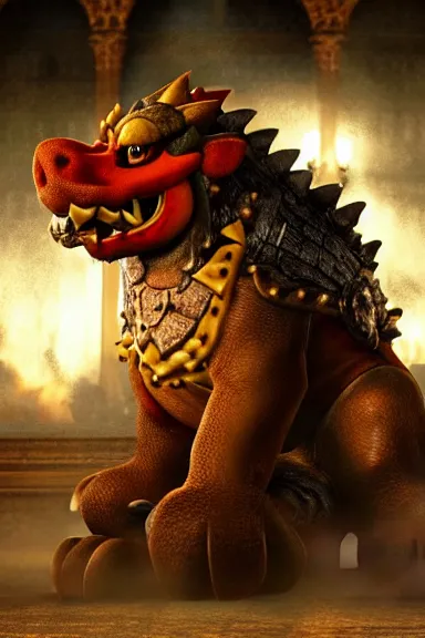 Image similar to very very intricate photorealistic photo of bowser in an episode of game of thrones, photo is in focus with detailed atmospheric lighting, award - winning details