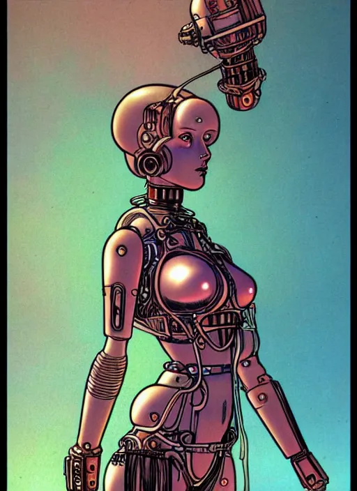 Prompt: image of beautyful female android steampunk by moebius,