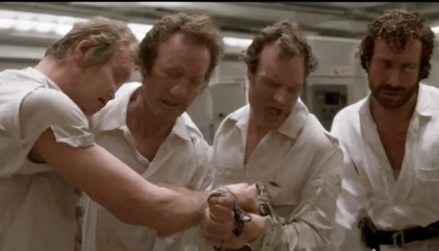 Prompt: Screenshot from a Ridley Scott film, it shows an android in a weapons lab strangling the scientist who created him.