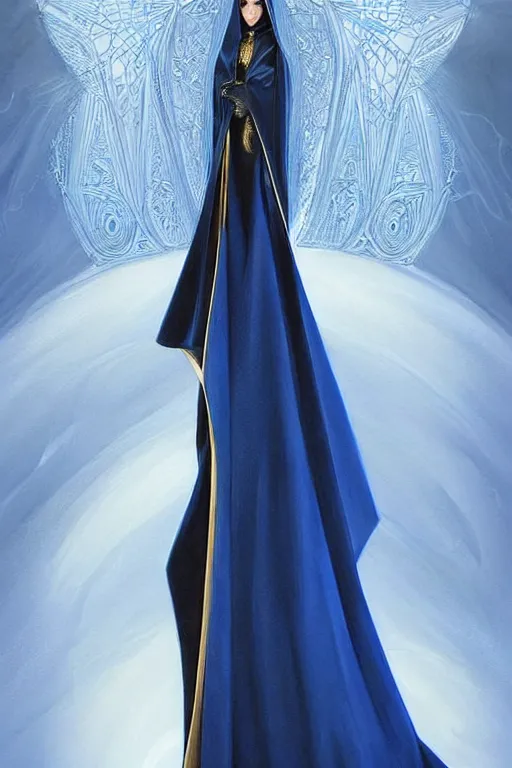 Prompt: detailed beautiful hooded noun in blue gold coat, seductive confident pose, attractive feminine curves, intricate details, futuristic, elegant cape, elegant, white, blue, black, photorealism, trending on artstation, holy halo, advanced technology, art by moebius and vitaly bulgarov and chanthara