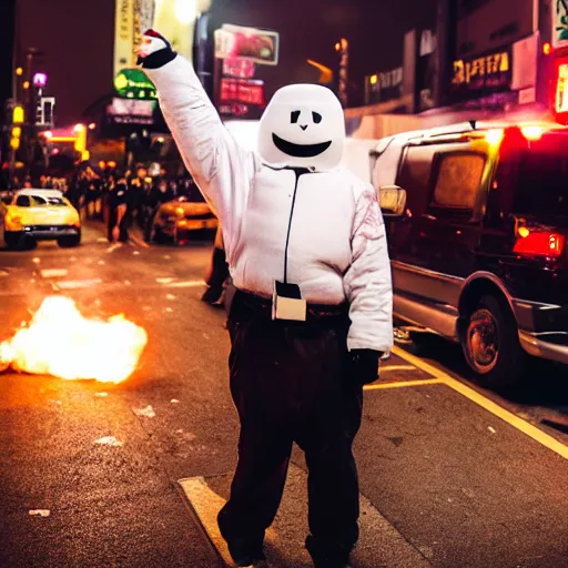 Prompt: marshmellow man in tokio, rampage , chaos in the streets, movie setup, pyro, 8k