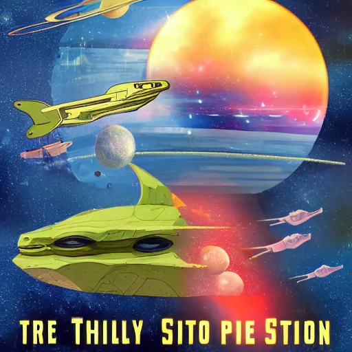 Prompt: science fiction novel cover with three starships and a space platypus