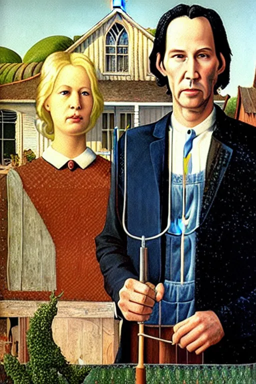 Image similar to painting of Keanu Reeves and Dolly Parton as the couple in American Gothic in the style of Grant Wood