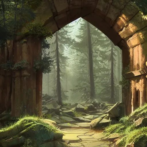 Image similar to concept art painting of an ornate ancient stone archway, in the woods, deep forest, realistic, detailed, cel shaded, in the style of makoto shinkai and greg rutkowski and james gurney