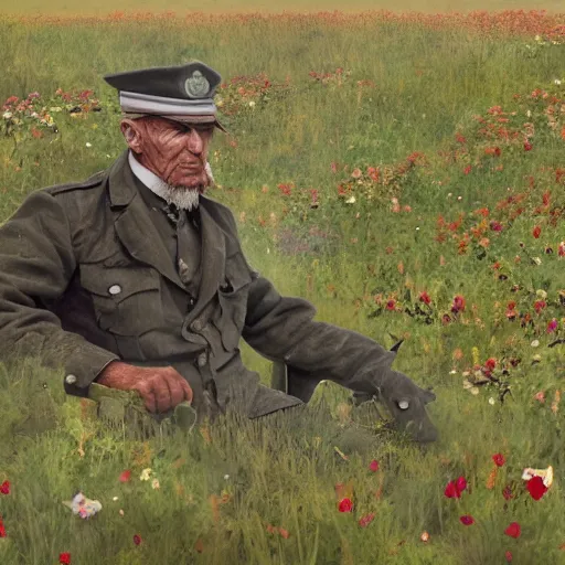 Image similar to A WWI veteran, tired, melancholic, in a field of flowers, photorealistic, detailed, 8K