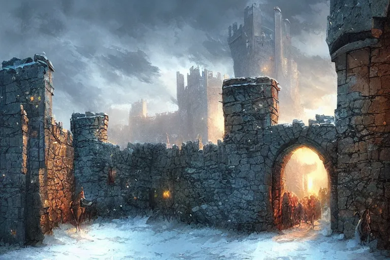 Prompt: winterfell walls gate, lanscape, calm feeling, clouded, beautiful, by marc simonetti