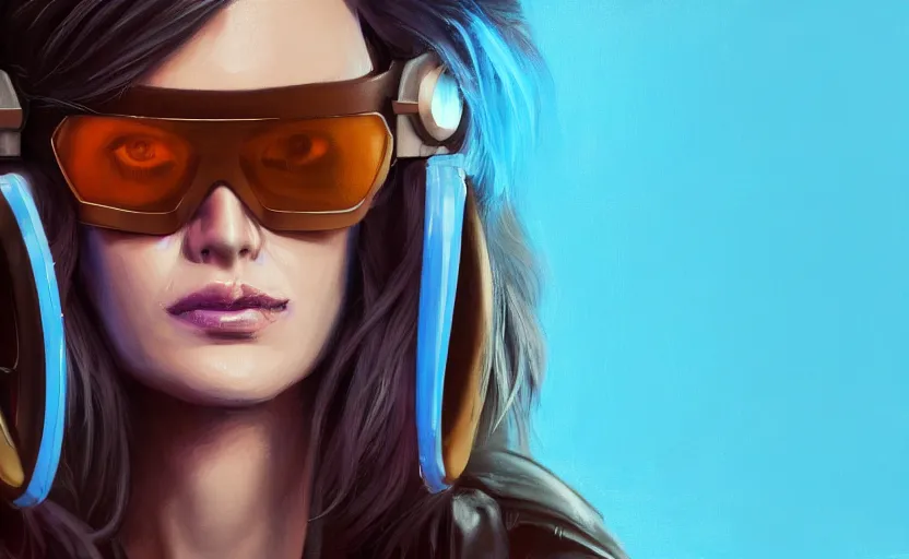 Image similar to closeup painting of donald trump cyberpunk woman smirking, wearing light blue shutter shades and a dark brown leather jacket, one side haircut, long brown hair with light blue ends, portrait, hyperdetailed, artstation, cgsociety, 8 k, synthwave by tangerine dream