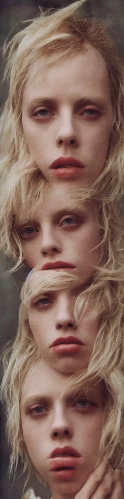 Image similar to a color photograph of edie campbell, bleached blonde short hair, by nan goldin, intense, bold, hyperrealistic, ultra sharp, extra details, ultra high quality, trending on pinteresst