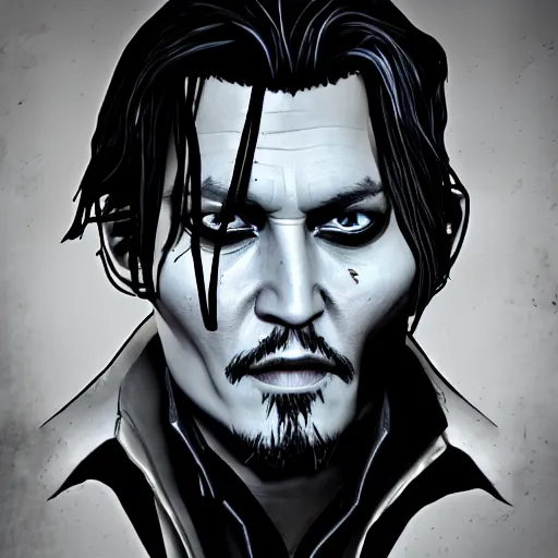 Image similar to johnny depp portrait, borderlands, tales from the borderlands, the wolf among us, comic, cinematic lighting, studio quality, 8 k