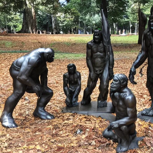 Image similar to group of occultist bowing worshipping a bigfoot statue