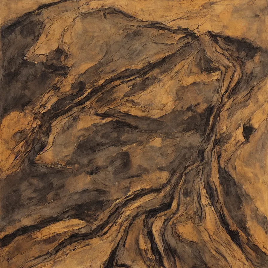 Image similar to Expressionist artwork illustrating a road that plunges into the horizon, inspired by photographers such as Aaron Siskind using earth-tone color palette.