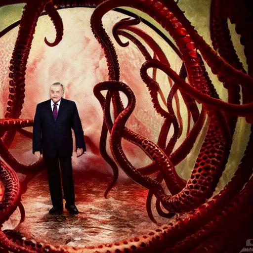 Prompt: Lukashenko as Lovecraft\'s cosmic horror with tentacles and red eyes, photography, DSLR, ultra detailed, 8k