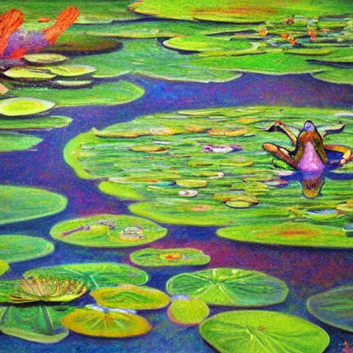 Image similar to alex jone infowars, lying on lily pad, frogs, style of claude monet, rainbow colors, painting