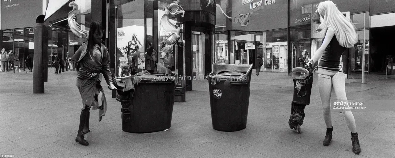 Image similar to Elden Ring:Liverpool 1980 a young woman tries to sneak past a giant dustbin knight outside Belle Vale Shopping Centre high quality professional photo AP PHOTOS