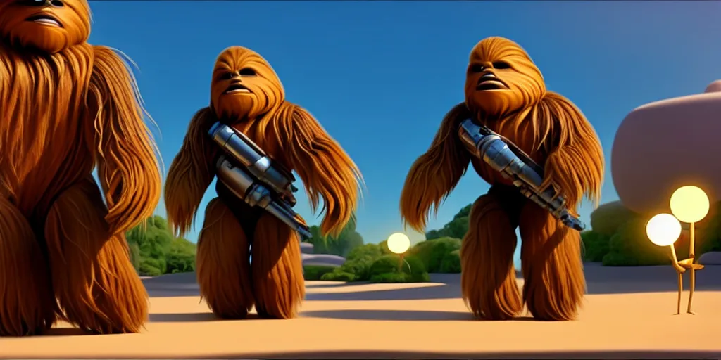 Image similar to a wholesome animation key shot of a chewbacca pixar and disney animation sharp render 3 d animated, cinematic lighting