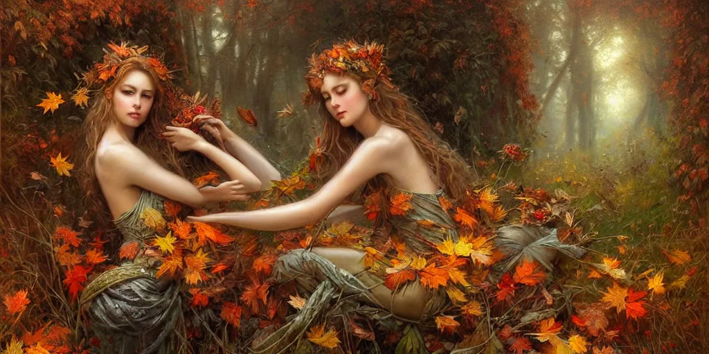 Prompt: breathtaking detailed concept art painting of goddesses of autumn by volegov, vintage illustration pattern with bizarre compositions blend of plants and stems and leaves by john howe, exquisite detail, extremely moody lighting, 8 k