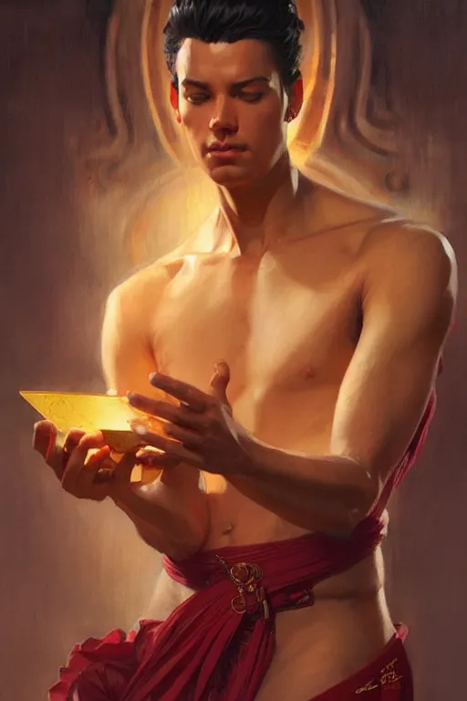 Image similar to male, temple, taoism, lotus, painting by greg rutkowski, j. c. leyendecker, artgerm