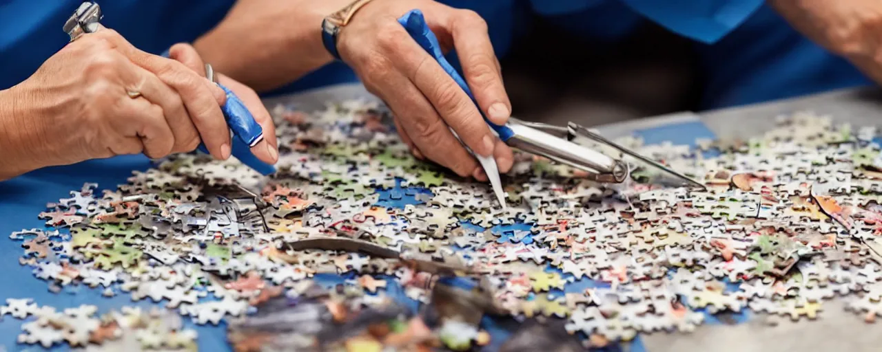 Prompt: a surgeon with realistic hands using a scalpel on a jigsaw puzzle on a table