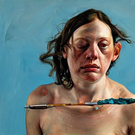 Prompt: high quality high detail painting by lucian freud and jenny saville, hd, hyper diemensional, turquoise