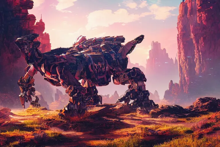 Image similar to rockbreaker machine mecanical creature robot of horizon forbidden west horizon zero dawn radiating a glowing aura global illumination ray tracing hdr fanart arstation by ian pesty and alena aenami artworks in 4 k