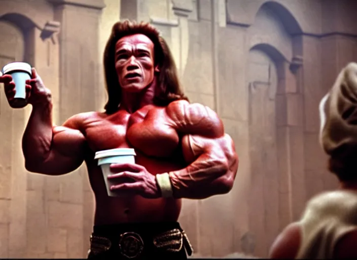 Prompt: film still of arnold schwarzenegger dressed as conan, holding coffee in starbucks, focus on faces, cinematic lighting, unreal engine, steve mccurry, volumetric lighting...